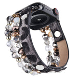 Apple Watch Bands 45mm 44mm Women Crystal Elastic Stretch Beaded with Bling Calf Leather Replacement