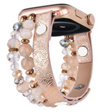 Apple Watch Bands 45mm 44mm Women Crystal Elastic Stretch Beaded with Bling Calf Leather Replacement