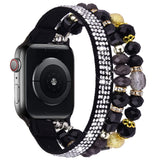 Apple Watch Bands 45mm 44mm Women Crystal Elastic Stretch Beaded with Bling Calf Leather Replacement