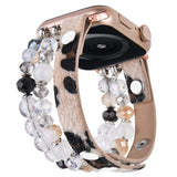 Apple Watch Bands 45mm 44mm Women Crystal Elastic Stretch Beaded with Bling Calf Leather Replacement